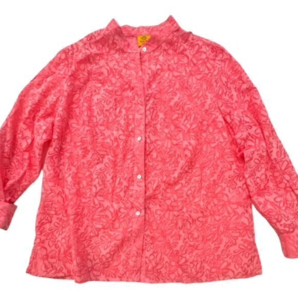 RUBY RD Shirt/Topper‎ BURNOUT FLORAL ROLL TABS Button-Up Pink 18W BARBIE COTTAGE